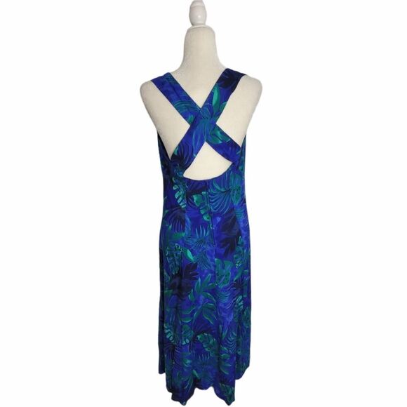 VINTAGE 90s dress blue tropical print criss cross back midi M - Picture 4 of 8